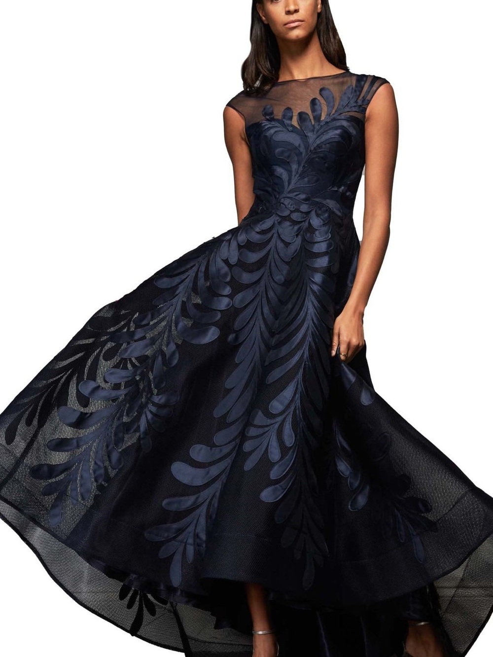 Navy High-Low Embroidered Cocktail Dress with Sheer Yoke